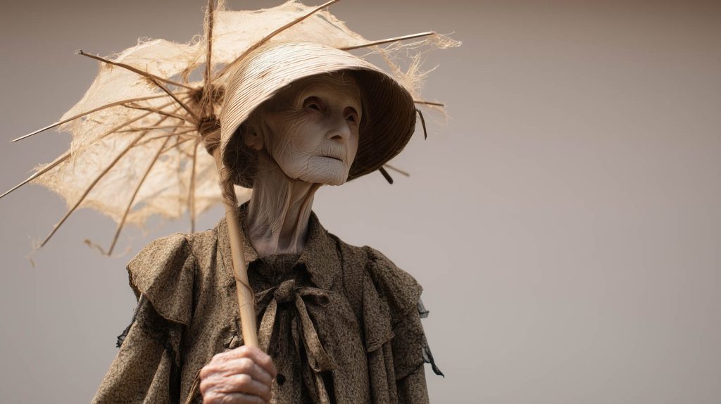 una vecchia bretone con un cappello e un ombrello in carta di riso e canna di bamboo