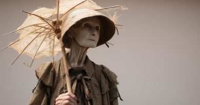 una vecchia bretone con un cappello e un ombrello in carta di riso e canna di bamboo