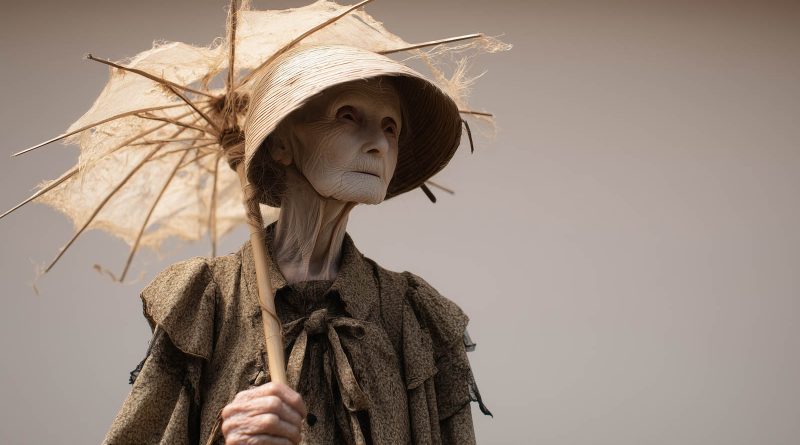 una vecchia bretone con un cappello e un ombrello in carta di riso e canna di bamboo